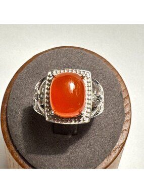 VTG Solid Sterling Silver 925 Cabochon Carnelian Prong Set Ring Size 6.75